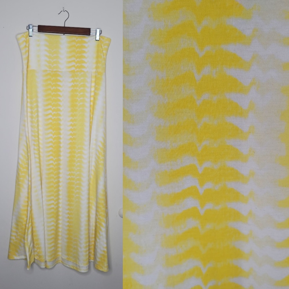 LuLaRoe Sz XL Yellow And White Tie-dye Stretchy A Line Maxi Skirt Summer Getaway